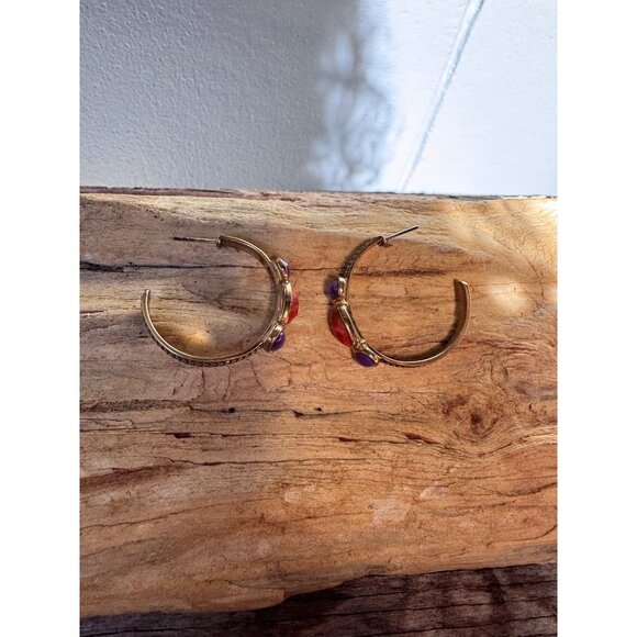 Barse Thai Bronze Earrings Amethyst & Spiny Oyster Orange Stone Semi Hoop Boho - Picture 3 of 9